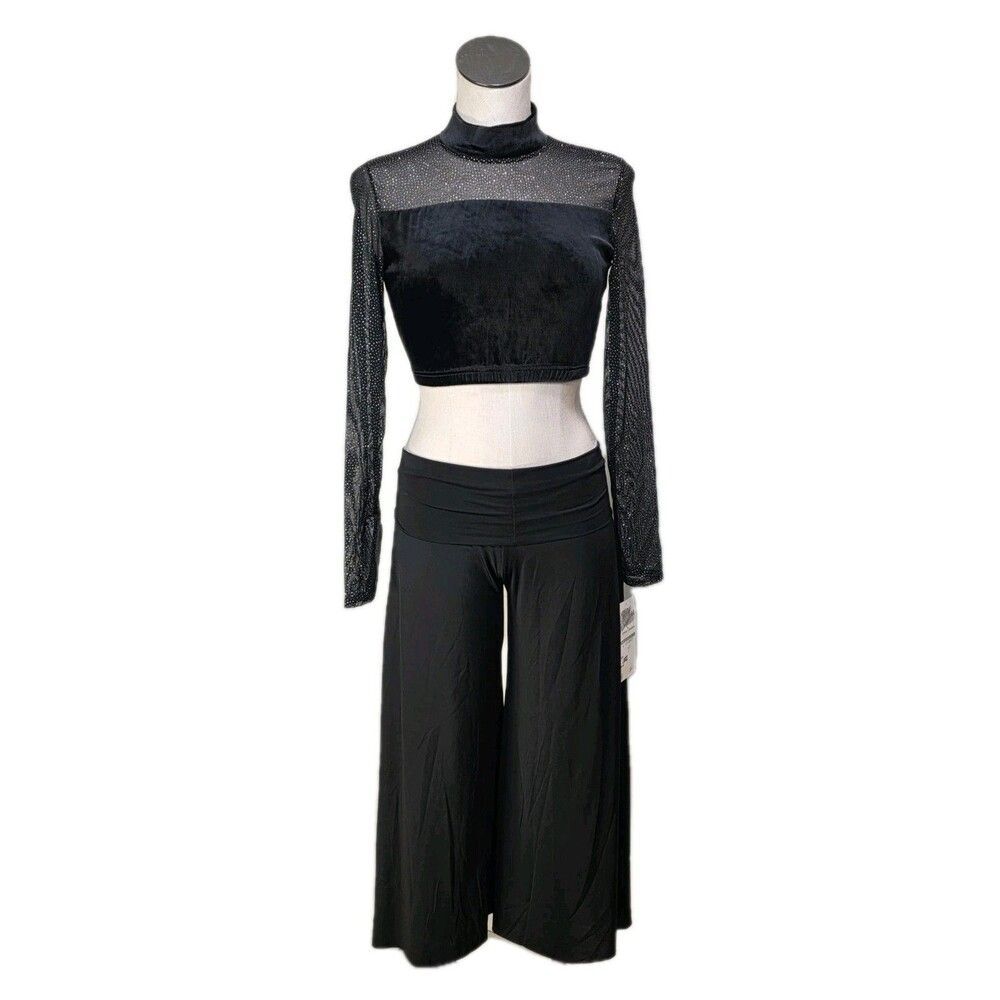 Body Wrappers VTG 90s Mesh Velvet Mock Neck Dance Midriff Glitter Top Adult L - Picture 6 of 16